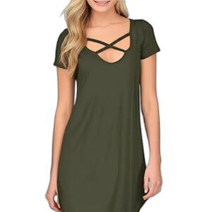Design Lab Lord & Taylor Olive Green X Cross Neckline Jersey Dress Size Medium